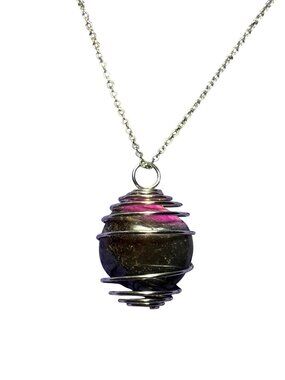 Silvertone Wire Wrapped Caged Stone Pendant Necklace Grey Pink 15-18 inch Long